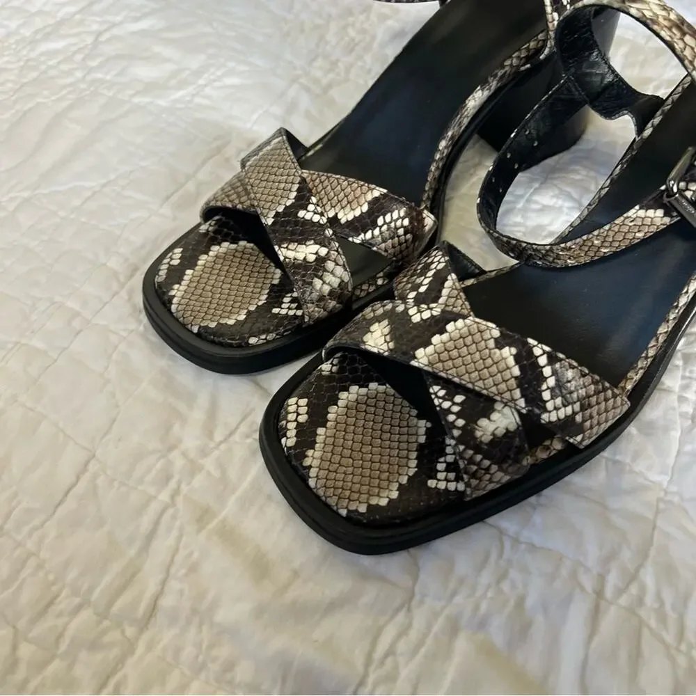 The Kooples Square Toe Python Effect Crossover Block Heel Sandals